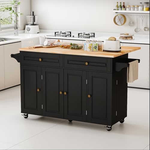 Kitchen Island Cart with Storage on Wheels, 59" Large Rolling Kitchen Island with Drop Leaf, Mobile Island for Kitchen with Towel Rack, Drawers for Dining Room, Black - size: 59.3" W, style: Black