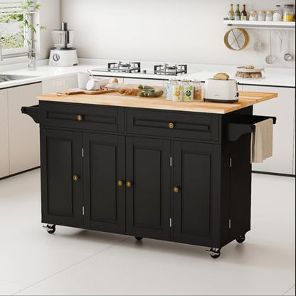 Kitchen Island Cart with Storage on Wheels, 59" Large Rolling Kitchen Island with Drop Leaf, Mobile Island for Kitchen with Towel Rack, Drawers for Dining Room, Black - size: 59.3" W, style: Black