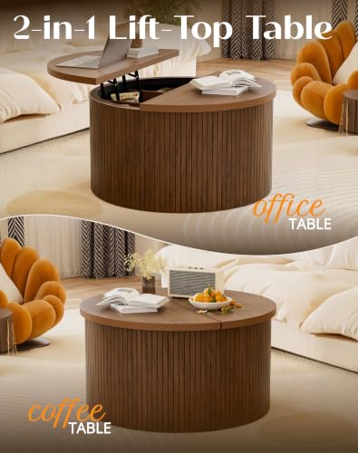 Fluted Round Lift Top Coffee Table with Storage, 31.5" Walnut Small Circle Wood Center Table for Living Room, Small Space - color: Walnut-round