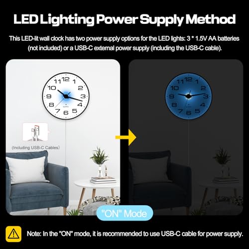Night Light Wall Clocks Battery Operated, 10 Inch Silent Wall Clock for Bedroom Night Glow, Sound Control Luminous Wall Clocks for Living Room Decor, LED Wall Clock Modern for Kitchen Office - size: 10 Inch
