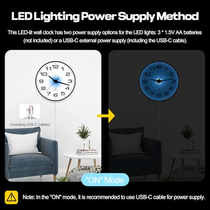 Night Light Wall Clocks Battery Operated, 10 Inch Silent Wall Clock for Bedroom Night Glow, Sound Control Luminous Wall Clocks for Living Room Decor, LED Wall Clock Modern for Kitchen Office - size: 10 Inch