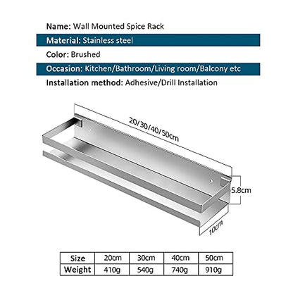 CONRUSER Wall Mounted Spice Rack, Stainless Steel Kitchen Organizer Shelves Hanging Storage Shelf Brushed Steel Seasoning Rack (50CM) - size: 50CM