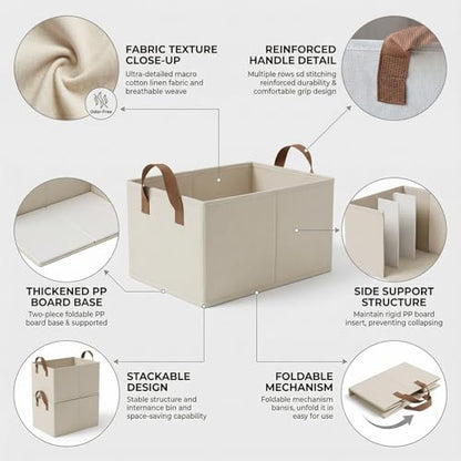 3 Pack Storage Bins Fabric Collapsible Organizers with Handles Sturdy Canvas with PP Board Beige Foldable Storage Box for Closet Shelves, Books, Toys, Clothes, Office Organization