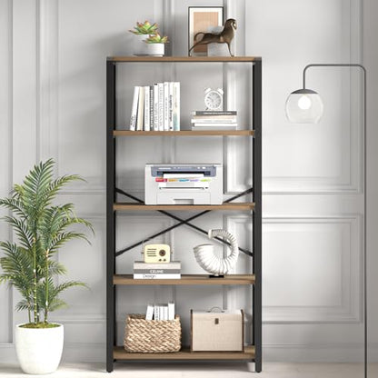5 Tier Tall Bookshelf, Industrial Bookshelves and Bookcases, Modern Rustic Wood and Metal Book Shelf for Bedroom, Living Room and Home Office, Oak - color: Oak, size: 5-Tier