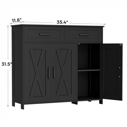 Homhedy Coffee Bar Storage Cabinet with Drawers, Kitchen Buffet Cabinet | Sideboard Cabinet with Doors, Farmhouse Buffet Cabinet, Adjustable Shelves, for Kitchen / Dining / Living Room, Black - color: Black