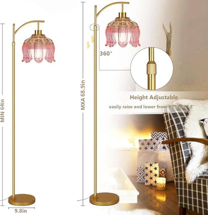 ILLMTW Pink Floor Lamp for Living Room,Bedroom,Glass Mid Century Modern Standing Lamp with Remote,Dimmable Gold Brass Tall Lamp Tulip Flower Arc Floor Light Boho Bohemian - size: Floor Lamp-23