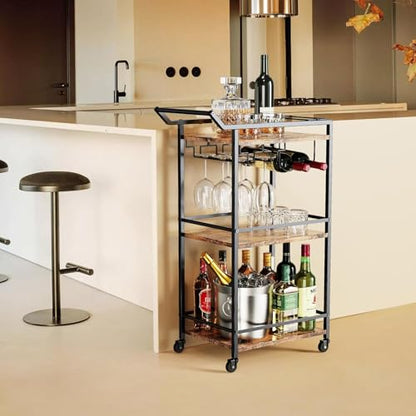 LOTEYIKE 3 Tier Bar Cart, Mini Liquor Utility Cart for Wine Beverage Dinner Party, Rolling Wine Coffee Drink Serving Cart with Lockable Wheels for Home Kitchen Bars (Rustic Brown) | Rolling Wine Coffee Drink Serving Cart with Lockable Wheels for Home Kitc