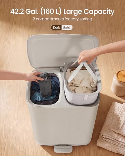 SONGMICS Laundry Basket with Lid, 42.2 Gallons, 2-Compartment Laundry Hamper with Handle and Pedal, Removable Liner, Easy Assembly, 22 x 18.5 x 29.5 Inches, Cappuccino Beige ULCB832L101 - color: Cappuccino Beige