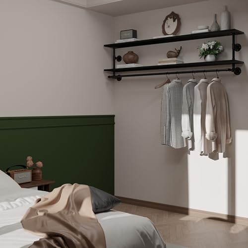 Black Clothes Rack 70in, 2-Tier Wall Mounted Garment Rack with Real Wood Shelf, Heavy Duty Hanging Clothes Rack, Multi-Purpose Hanging Rod, Space-Saving Closet Storage - color: Black, size: 2T70IN