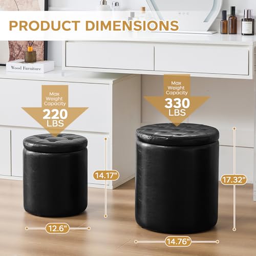 oakvivo Round Ottoman with Storage Set of 2, 12.6" W x 14.17" H & 14.76" W x 17.32" H Faux Footstool Storage Ottomans for Bedroom, Living Room Padded Coffee Table Ottomen, Black - color: Black