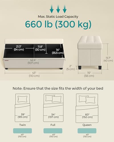 SONGMICS Storage Ottoman Bench, Foldable Foot Rest with Legs | End of Bed Bench, Storage Chest, 43.3 x 15 x 15.8 Inches, Load up to 661.4 lb, Cream, MELISA Collection ULSF018W01 - color: Cream White, style: without Flipping Lid