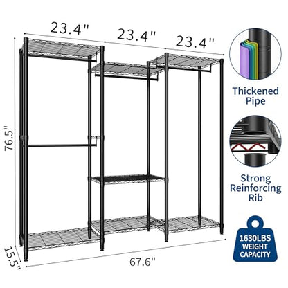 Freestanding Heavy Duty Garment Rack with Adjustable Shelves and Hanging Rods, Large 1630 Lbs Capacity Portable Closet Organizer for Bedroom or Cloakroom Storage, Black - size: (2x3x2)67.6"D x 15.5"W x 76.5"H