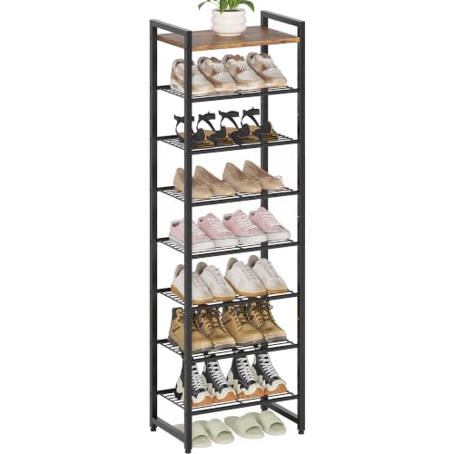 Narrow Shoe Rack 8-Tier, Tall Shoe Organizer for Small Spaces | Rustic Brown and Black, Holds Up to 18 Pairs, for Closets, Entryways, Garage, Dorm Rooms, Reinforced Wire Shelves, Wood Top - color: Rustic Brown and Black, size: 8 Tier