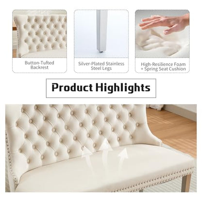 Beige Velvet Dining Bench with Back, Tufted Banquette Seating, Silver Legs | Upholstered loveseat bench; tufted back; nailhead trim; 500 lb capacity; foam and spring seat; dining room or entryway - color: Beige(silver Stainless Steel Legs)