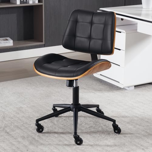 Home Office Desk Chair with Rubber Wheels, Armless Bentwood, Black | Adjustable Height Armless Office Chair, PU Leather Mid Back 360°Small Computer Chair, No Arms Walnut Seating, 300LBS Support - color: Black, size: Standard Style