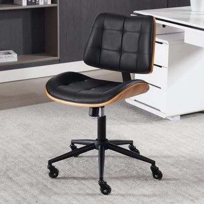 Home Office Desk Chair with Rubber Wheels, Armless Bentwood, Black | Adjustable Height Armless Office Chair, PU Leather Mid Back 360°Small Computer Chair, No Arms Walnut Seating, 300LBS Support - color: Black, size: Standard Style