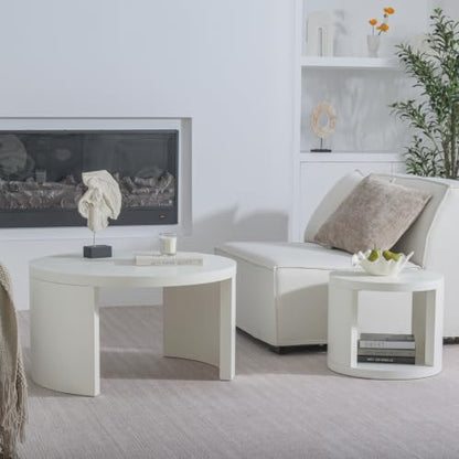Round Nesting Coffee Table Set of 2, 31.5 & 18 in, Textured White | White nesting coffee table, round coffee tables for living room, 2 in 1 nesting tables, rounded edges, space-saving design - color: Textured White