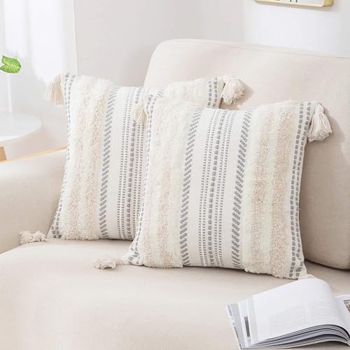 decorUhome Beige and Cream White Throw Pillow Covers 18x18 Set of 2 | Decorative Boho Accent Neutral Tufted Modern Farmhouse Textured Pillow Covers for Couch Bed Sofa Living Room - color: Beige and Cream White, size: 18" x 18" (Pack of 2)