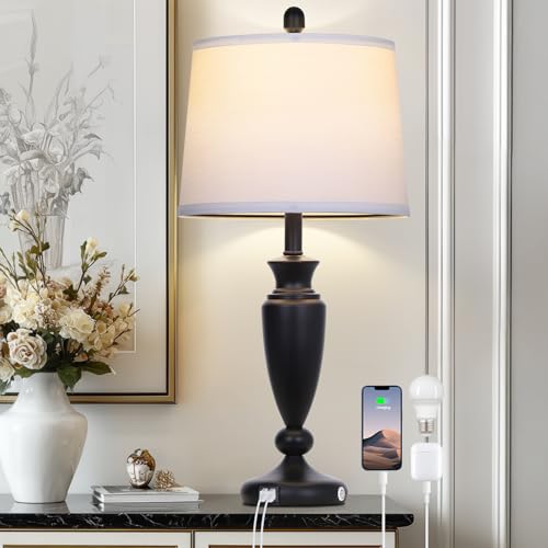 Rinweey 27'' Black Table Lamp Single, 3 Way Touch Control Living Room Lamp with USB A+C Ports, Modern Bedside Lamp, Elegant Metal Nightstand Lamps for Bedroom Office End Table Decoration - color: Black-27"H-1PK