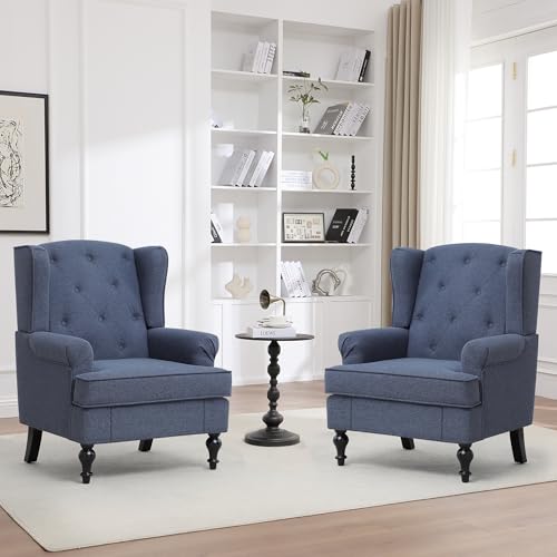 Accent Chair Set of 2, Mid Century Modern Fabric Wingback Chair, Upholstered Armchair with High Back and Vintage Legs, Comfy Single Sofa Side Reading Chair for Living Room Bedroom, Blue - color: Blue, size: Set of 2
