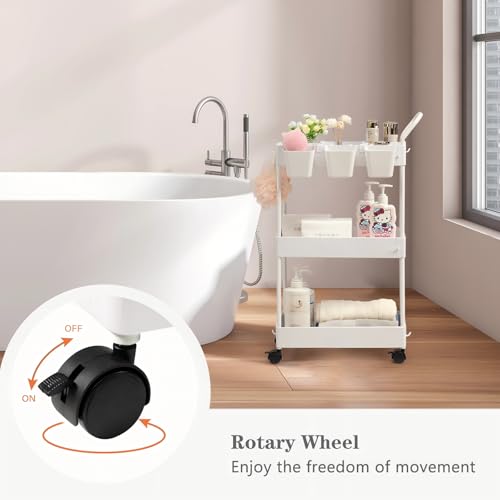 Storage Cart on Wheels, 3 Tier Slim Laundry with Wheels Bathroom Organizer with Hanging Cups Hooks Dividers Handle Mobile Rolling Art Cart for Bathroom Kitchen Narrow Places, White - style: 3 Tier White