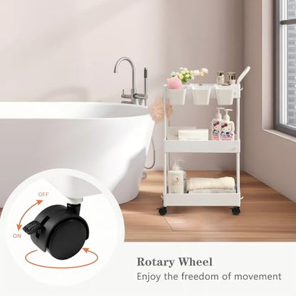 Storage Cart on Wheels, 3 Tier Slim Laundry with Wheels Bathroom Organizer with Hanging Cups Hooks Dividers Handle Mobile Rolling Art Cart for Bathroom Kitchen Narrow Places, White - style: 3 Tier White