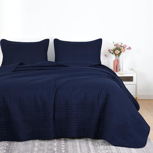 Chezmoi Collection Kingston Queen Size Bedspread Set, 3-Piece Navy Oversized Quilted Microfiber Lightweight Bedspread Coverlet (100"x106") for All Seasons - color: Navy, size: Queen