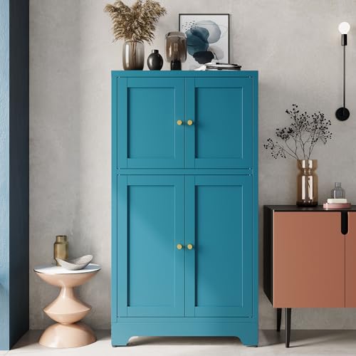 43" H Blue Small Kitchen Pantry Cabinet,Metal White Pantry Cabinets with Doors,Small Storage Cabinets,Food Pantry Cabinet with 4 Doors and Shelves for Kitchen and Dining Room - color: Blue, size: 43"H-4Doors
