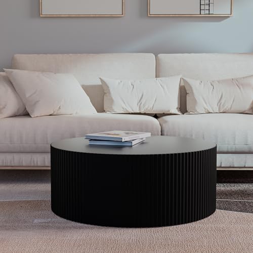 JUSTONE Black Round Coffee Table for Living Room, 35.43" Round Wood Circle Drum Coffee Table End Table Side Table for Home Office, Matte Black (ø35.4'' x 13.7'') - color: 35.4'' - Black