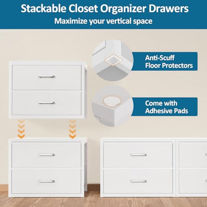 2 Fabric Drawer for Closet Storage: Stackable Dresser, White | Short Clothes Organizer Drawers with Metal Frame, 21"W x15.7"D Low Dresser for Inside Closet, Bedroom, Nursery & Small Spaces