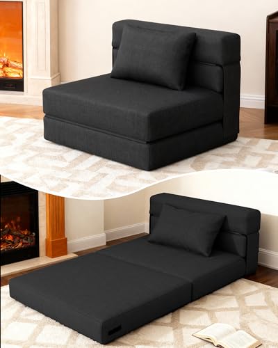 3 in 1 Foldable Chair Bed, Folding Sleeper Chair with Back Cushion, Convertible Chair Bed Sleeper for Adults, Black - color: Carbon Black, size: Modern