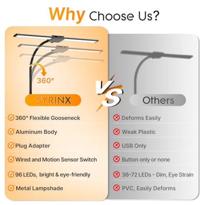 Syrinx LED Desk Lamp for Home Office, 18W 2000LM Dual Head Architect Lamp | Wide-Area Eye-Caring Lighting, Adjustable Gooseneck, Gesture & Wired Control, Memory & Timer, 50 Modes for Study & Crafting - color: Black
