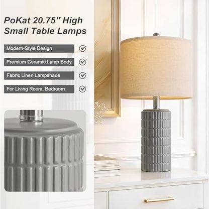 PoKat 20.75'' Ceramic Small Table Lamps for Bedroom, Modern Dark Gray Bedside Lamps Set of 2, Farmhouse Lamps for Living Room with Linen Lampshade for Night Stands Guest Room Side End Table Console - color: Dark Grey