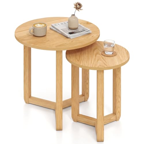 GIANTEX Round Nesting Coffee Table Set of 2, Wood End Tables, Natural | Thickened Top & Solid Rubber Wood Legs, Farmhouse Sofa Side Table for Small Spaces Living Room Bedroom - color: Natural