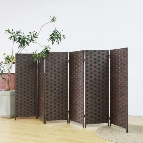 6 Panel Double Sided Short Room Divider for Room Separation, Dark Brown Rattan Folding Privacy Screen, Freestanding Partition Screen for Home Office - 3.95 ft Tall - color: Dark Brown, size: 6 Panel