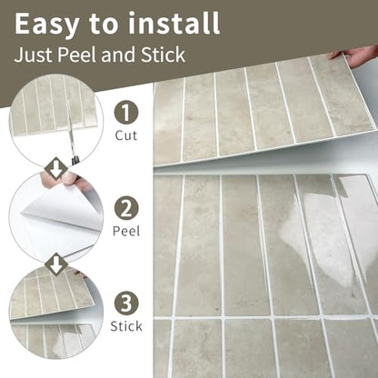 10 Sheets Upgraded Thicker Design Subway Tile Peel and Stick Backsplash | 12”×12”Self Adhesive Wall Tiles Stick on Back Splash for Kitchen,Bathroom,Camper(Beige) - color: Beige