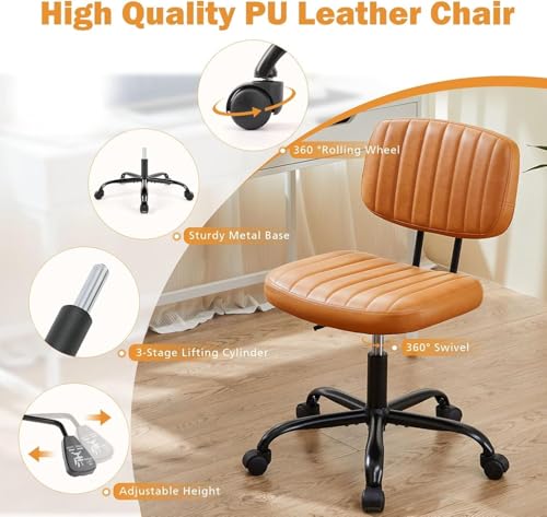 YSSOA Home Office Desk Chair Small Computer Chair Ergonomic with Low Back Lumbar Support, Height Adjustable Armless PU Leather Vanity Stool 360° Swivel Rolling Chair, Brown - color: Brown