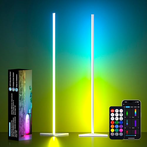 MIHEAL 2PCS Corner Floor Lamp, Synced Lights LED Control Floor Lamp RGB Light 56" Smart LED Corner Lamp App and Remote for Living Room Gaming Bedroom and Etc. - color: White, size: 2pcs