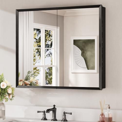 Keonjinn Black Bathroom Medicine Cabinet with Mirror 30x26, Assembly Needed | 2 Door, Adjustable Shelves, Lightweight Aluminum, Rust-Resistant, Surface Mount or Recessed Bathroom Mirror with Storage - color: Black, size: 30x26 In