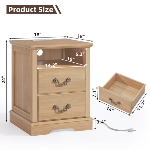Farmhouse Night Stand with Charging Station, Natural | 2 Drawers End Tables Bedroom, Nightstand with Rustic Handles & Floor-Standing Thickened Foot & Open Shelf - color: Natural, size: 18"D x 18"W x 24"H (2 Drawers)