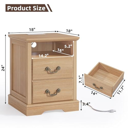 Farmhouse Night Stand with Charging Station, Natural | 2 Drawers End Tables Bedroom, Nightstand with Rustic Handles & Floor-Standing Thickened Foot & Open Shelf - color: Natural, size: 18"D x 18"W x 24"H (2 Drawers)