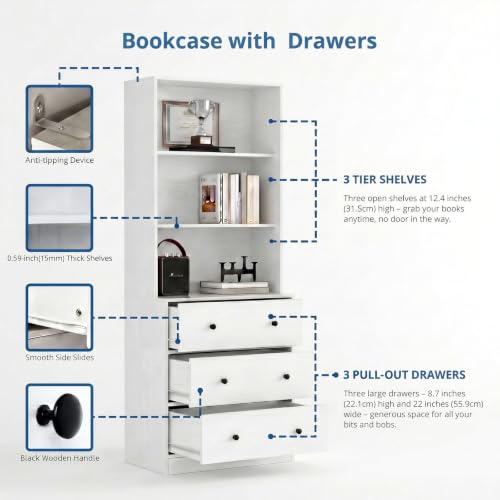 TUSY 71" H Bookcase with Storage | 6-Tier Modern Bookshelf with Drawers, Display Bookcase with Glass Doors, White Curio Cabinet for Home Office, Living Room - color: White