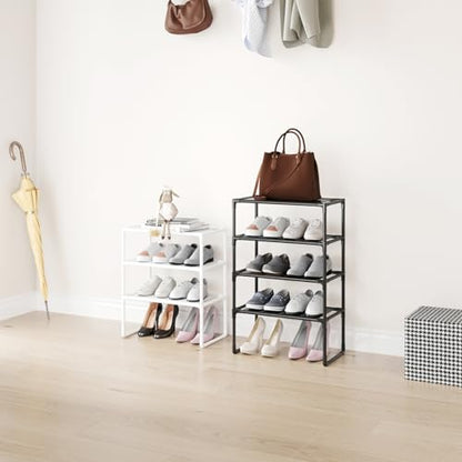 5-Tier Small Shoe Rack for Closet and Entryway, Narrow Shoe Shelf Organizer,Stackble Shoe Stand,Non-Woven Fabric Metal Free Standing Shoe Racks (White, 18" W x 9.9" D x 28.6" H) - color: White