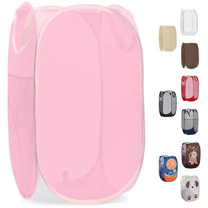 Handy Laundry Collapsible Mesh Pop Up Laundry Hamper with Side Pocket, Breathable & Space-Saving Foldable Basket for Clothes, Toys, Travel, Storage, 14 x 13 x 24 in, Pink - color: Pink