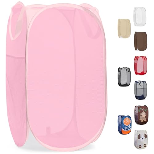 Handy Laundry Collapsible Mesh Pop Up Laundry Hamper with Side Pocket, Breathable & Space-Saving Foldable Basket for Clothes, Toys, Travel, Storage, 14 x 13 x 24 in, Pink - color: Pink