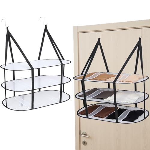 3-Tier Upgrade Sweater Drying Rack Over The Door, Foldable Mesh Hanging Dryer Flat with Hooks, Large Breathable Laundry Drying Hanger, Clothes Lay Flat Dryer for Apartments Dorms Bathrooms
