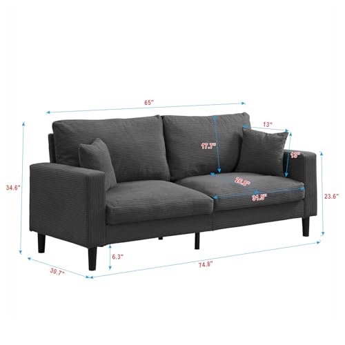 74" Dark Gray Three Seater Sofa Couch, High Resilience Upholstered Comfy Sofas with 2 Pillows Sturdy Wooden Frame Space Saving Modern Sofa Living Room Bedroom Apartment Small Space (Dark Gray, 3 Seat) - color: Dark Gray, size: 3 Seat