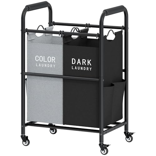 2 Bag Laundry Sorter Cart, Black & Grey | 50lbs Large Capacity, Removable Laundry Bags, Heavy Duty Lockable Rolling Wheels, Laundry Hamper Basket for Clothes Storage - color: GreyBlack, size: 2 Bag