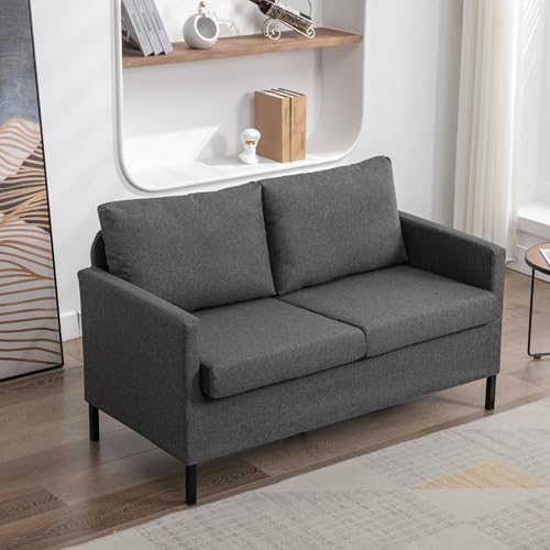 TYBOATLE Dark Grey Linen Small Couch Loveseat, 2-Seat Sofa for Living Room | Linen Fabric Upholstery, Love Seat, Mini Couch, Modern Design, Bedroom, Apartment, Dorm, Office, Small Spaces - color: Dark Grey
