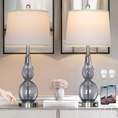 Rinweey 27.5" Gray Clear Glass Table Lamp Set of 2,3-Way Dimmable Touch Control Bedside Lamps with USB Ports and AC Outlet, Modern Nightstand Lamps for Bedroom Living Room - color: Grey-2